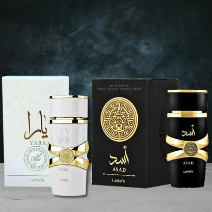 Lattafa for Unisex 2 Piece Eau de Parfum Gift Set (Yara Moi for Women + Asad for Men) 3.4 Ounce/100 ml each