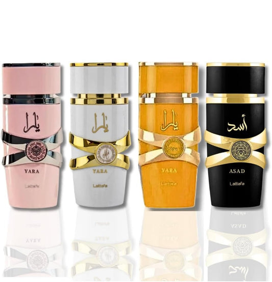 Lattafa Unisex 4 Piece Eau de Parfum Gift Set(Yara for Women+Yara Moi for Women+Yara Tous for Women+Asad for Men) 3.4 Ounce/100 ml each