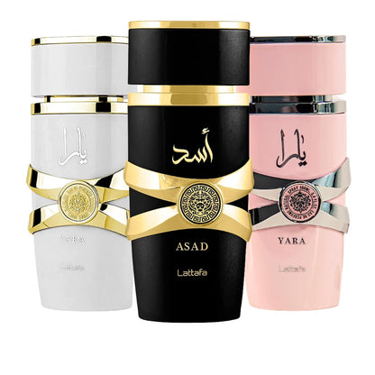 Lattafa for Unisex 3 Piece Eau de Parfum Gift Set (Yara for Women + Yara Moi for Women + Asad for Men) 3.4 Ounce/100 ml each